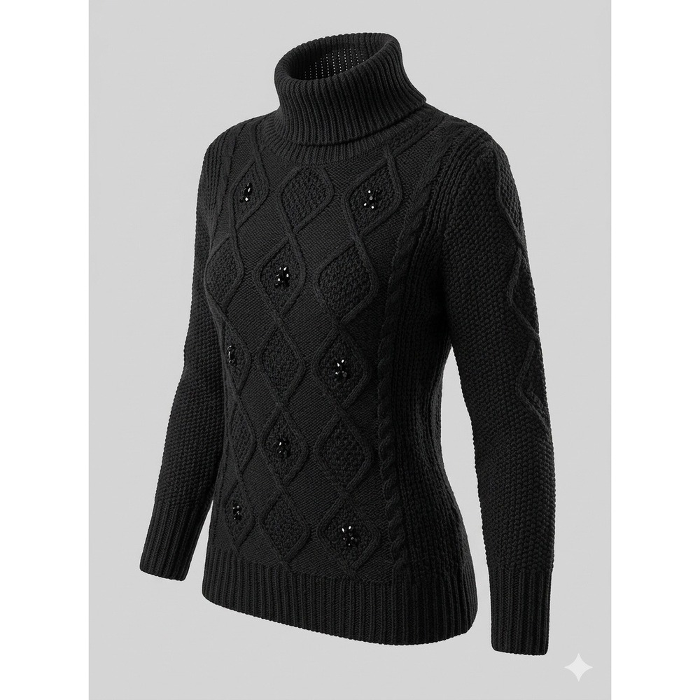 NWT New York & Company Women Small Black Cable Knit Beaded Mock Neck Sweater